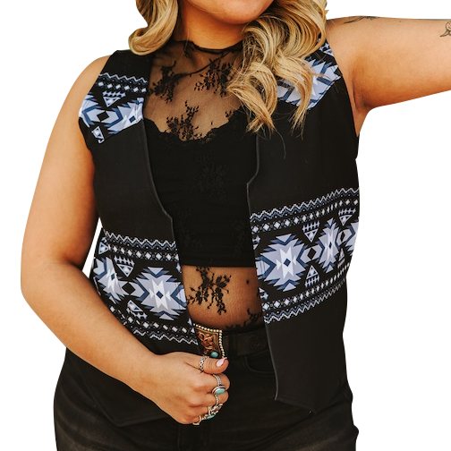 Women's Black Aztec Printed Sleeveless Vest (Plus Size)